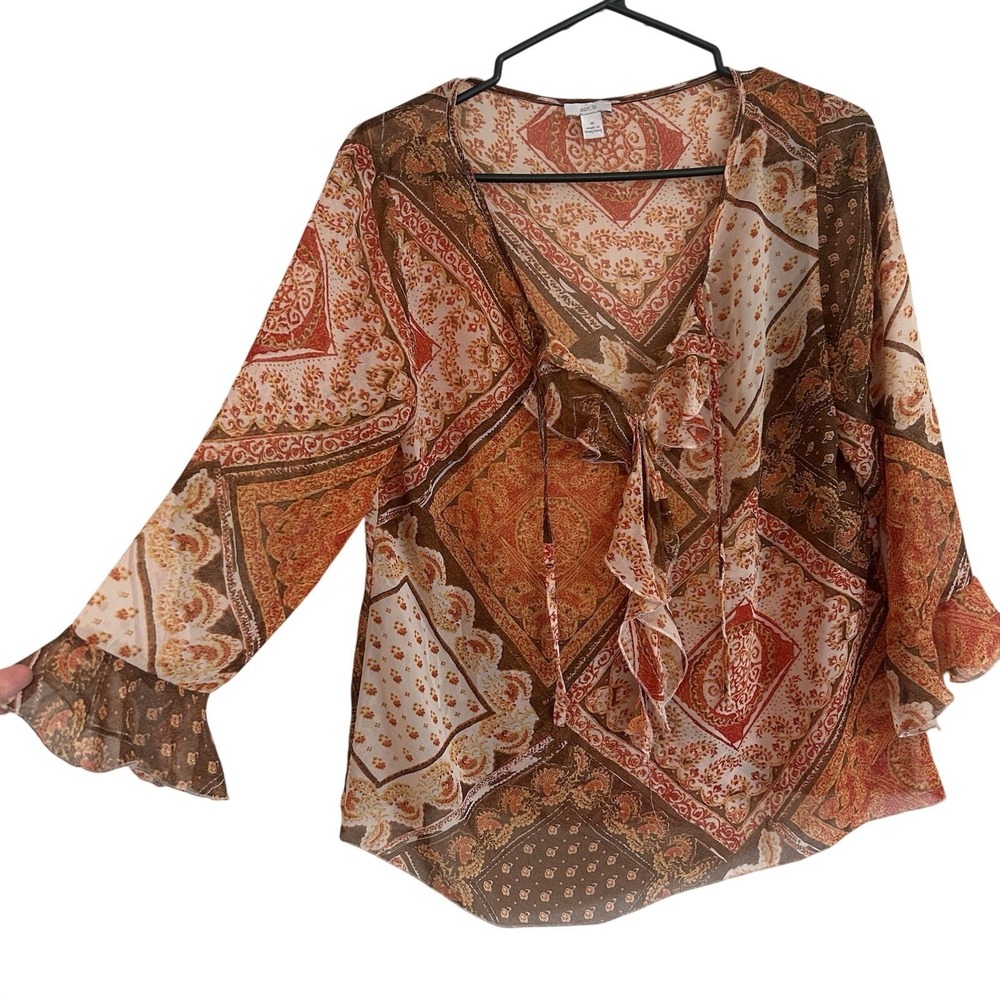 Vtg Made in Hong Kong Blouse Sz M Geometric Floral Paisley Sheer Bell Sleeves